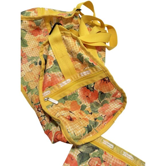 Vintage Lesportsac Yellow Orange Floral Weekender Duffel With Pouch - Picture 6 of 10